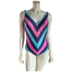 Vintage 80s Chevron Striped One Piece Swimsuit Pink Turquoise S
